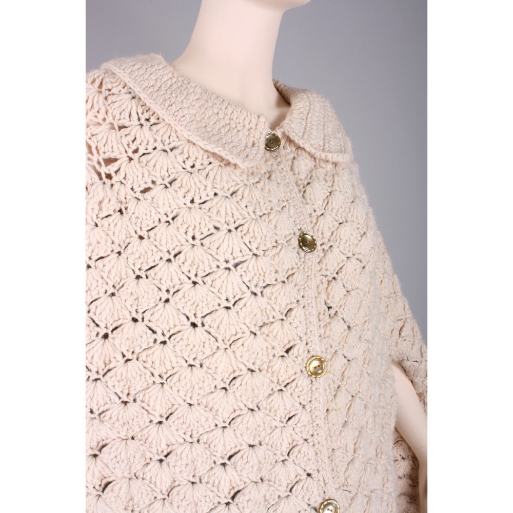 Vintage 60s Crochet Sweater Knit Fringe Poncho - Picture 6 of 6